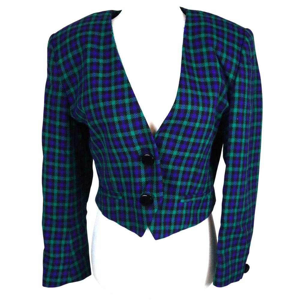 Vintage 90s Wool Like Blue and Green Plaid Cropped Blazer Short Bolero Size 8